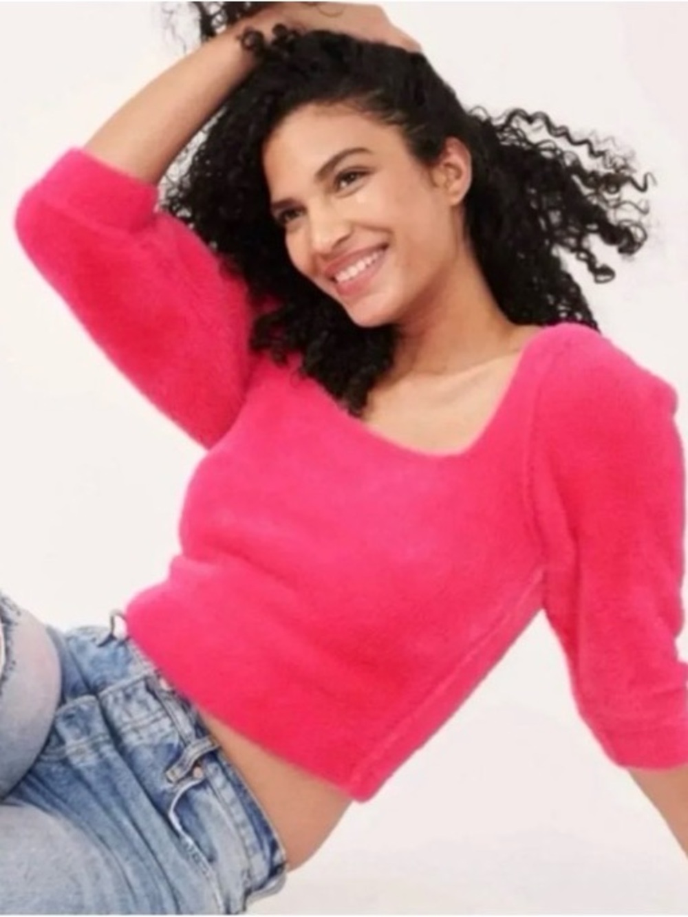 Free People Bright Pink Fuzzy V-Neck Sweater